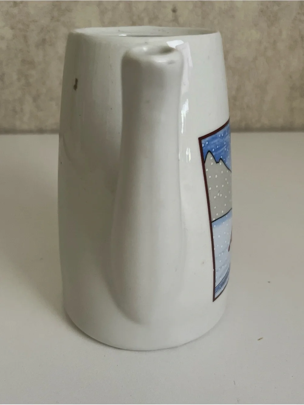 Vintage Ceramic Tea Pot No Lid Christmas Winter Snow Scene Mom Child Sled 5.5”